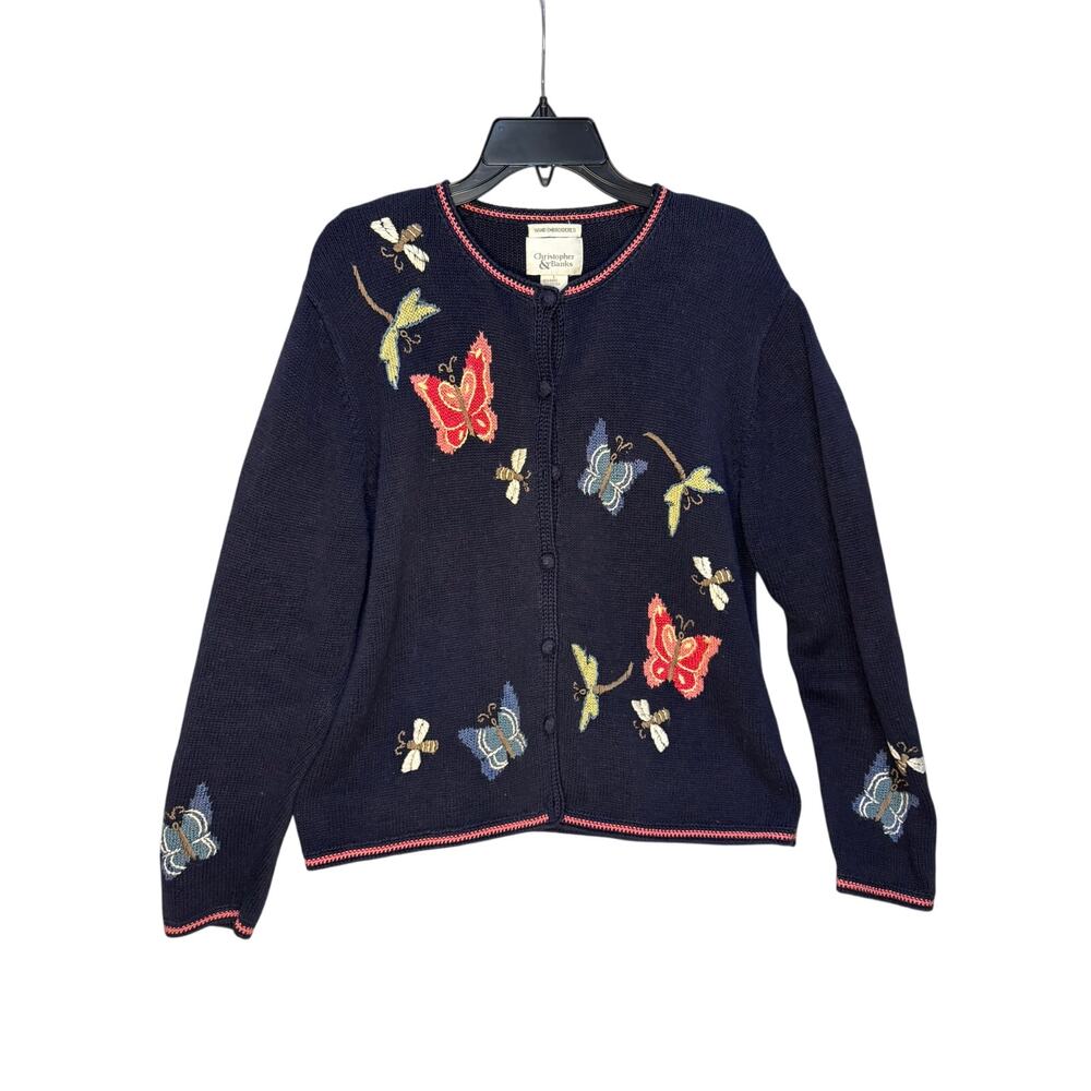 Vintage Christopher & Banks Hand Embroidered Navy Butterfly Sweater Cardigan L